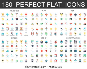 180 modern flat icons set of household, baby, pet, garden, kitchen, home appliances icons.