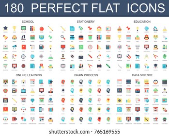 180 modern flat icons set of school, stationery, education, online learning, brain process, data science icons.