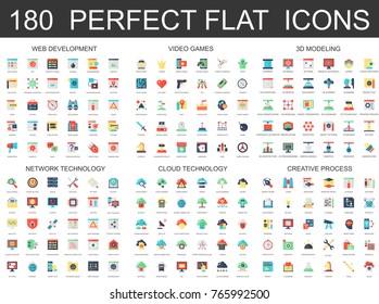 180 modern flat icons set of web development, video games, 3d modeling, network cloud technology, creative process icons.