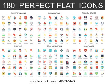 180 modern flat icons set of entertainment, summer time, travel cruise, camping, gps navigation and insurance icons.