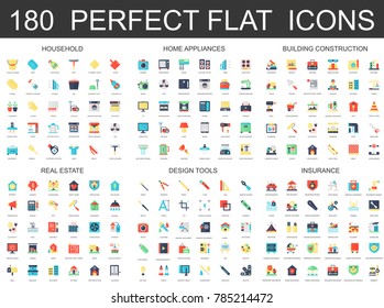 180 modern flat icons set of household, home appliances, building construction, real estate, design tools, insurance icons.