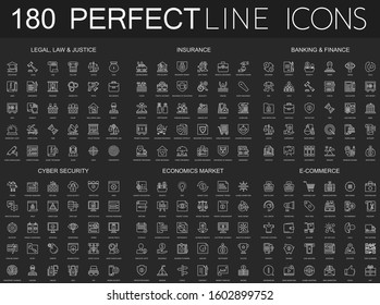 180 modern thin line icons set on dark black background. Legal, law and justice, insurance, banking finance, cyber security, economics market, e commerce