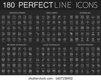 180 modern thin line icons set on dark black background. Web development, video games, 3d modeling, network technology, cloud data technology, creative process isolated