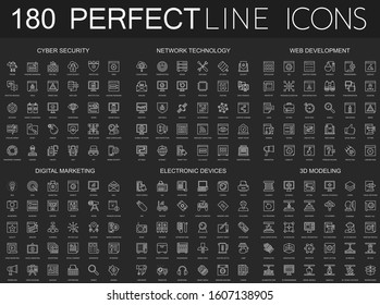 180 Modern Thin Line Icons Set On Dark Black Background. Cyber Security, Network Technology, Web Development, Digital Marketing, Electronic Devices, 3d Modeling Isolated