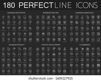 180 modern thin line icons on dark black background set. Business motivation, analysis, business essentials, business project, startup development, e commerce