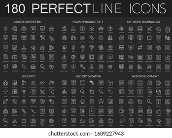180 modern thin line icons on dark black background set. Digital marketing, human productivity, network technology, cyber security, SEO optimization, web development