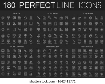180 modern thin line icons set on dark black background. School, stationery, education, online learning, brain process, data science isolated