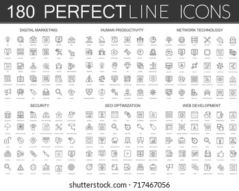 180 modern thin line icons set of digital marketing, human productivity, network technology, cyber security, SEO optimization, web development.
