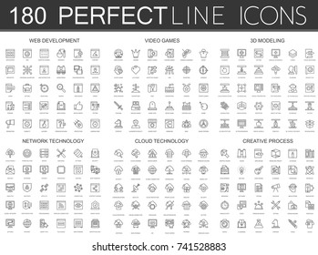 180 modern thin line icons set of web development, video games, 3d modeling, network technology, cloud data technology, creative process.