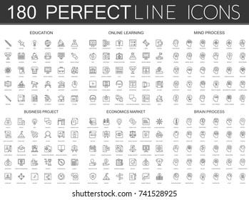 180 modern thin line icons set of education, online learning, mind process, business project, economics market, brain process.