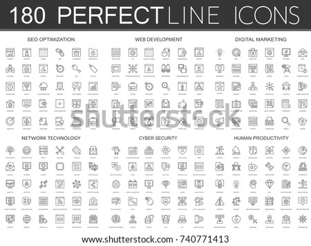 180 modern thin line icons set of seo optimization, web development, digital marketing, network technology, cyber security, human productivity.