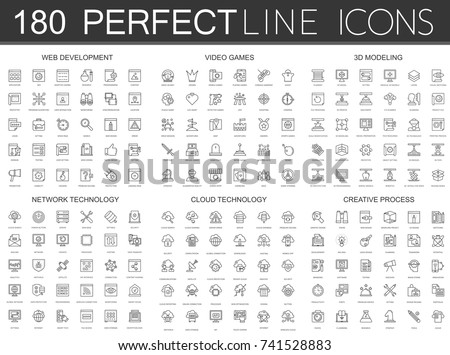 180 modern thin line icons set of web development, video games, 3d modeling, network technology, cloud data technology, creative process.