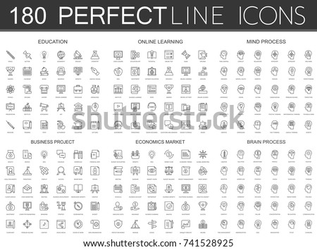 180 modern thin line icons set of education, online learning, mind process, business project, economics market, brain process.
