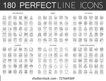 180 Outline Mini Concept Icons Symbols Of Household, Baby, Pet Friend, Garden, Kitchen, Home Appliances Icon.