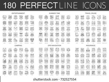 180 outline mini concept icons symbols of entertainment, summer time, travel cruise, camping, gps navigation, insurance icon.