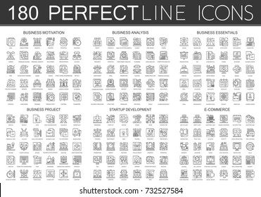 180 outline mini concept icons symbols of business motivation, business analysis, business essentials, business project, startup development, e commerce icon