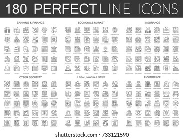 180 outline mini concept infographic symbol icons of finance banking, economics market, imsurance, cyber security, legal laws and justice, e-commerce.
