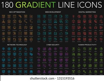 180 trendy gradient style thin line icons set of seo optimization, web development, digital marketing, network technology, cyber security, human productivity isolated on black background.