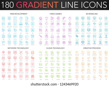 180 trendy gradient vector thin line icons set of web development, video games, 3d modeling, network technology, cloud data technology, creative process icon.