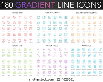 180 trendy gradient vector thin line icons set of household, home appliances, building construction, real estate, design tools, insurance icon.