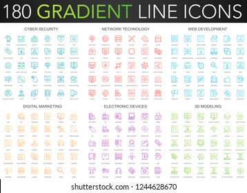 180 trendy gradient vector thin line icons set of cyber security, network technology, web development, digital marketing, electronic devices, 3d modeling icon.