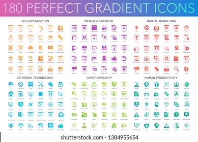 180 trendy perfect gradient icons set seo optimization, web development, digital marketing, network technology, cyber security, human productivity.