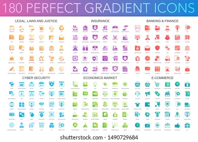 180 trendy perfect gradient icons set of legal, laws and justice, insurance, banking finance, cyber security, economics market, e-commerce.
