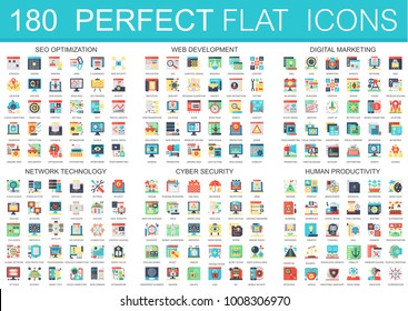 180 vector complex flat icons concept symbols of seo optimization, web development, digital marketing, network technology, cyber security, human productivity. Web infographic icon design.