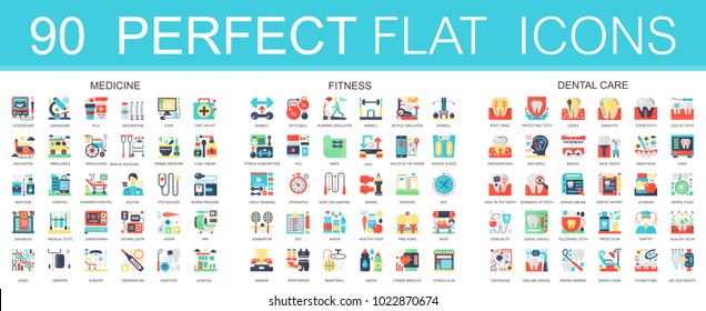 180 vector complex flat icons concept symbols of medicine, sport fitness, dental care. Web infographic icon design.