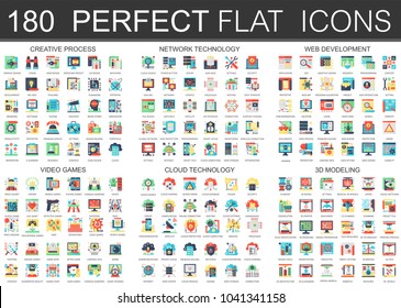 180 Vector Complex Flat Icons Concept Symbols Of Creative Process, Network Technology, Web Development, Video Games, Cloud Technology, 3d Modeling. Web Infographic Icon Design.