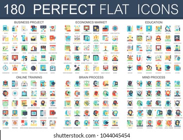 180 Vector Complex Flat Icons Concept Symbols Of Business Project, Economics Market, Education, Online Training, Brain Process, Mind Process. Web Infographic Icon Design.