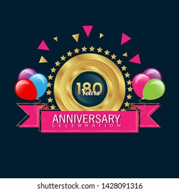 180 years anniversary - modern design celebrating. 180 years anniversary celebration simple logo. ribbon,balloon, gold emblem 