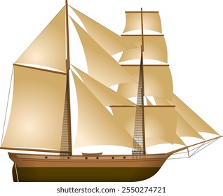 1800s Sailing Cargo Ship. Side profile of a sailing vessel from the 1800s, based on the Mary Celeste. Isolated vector illustration.