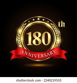 180th Anniversary. Golden Anniversary Emblem Design with shiny ring and red ribbon, Laurel wrath isolated on black background. Logo Vector Ilustration