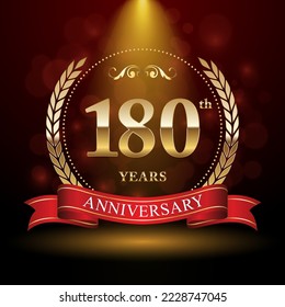 180 Aniversario. Diseño del logo del aniversario con corona Laurel y cinta roja para la celebración del evento, boda, invitación, tarjeta de saludo. Ilustración del vector