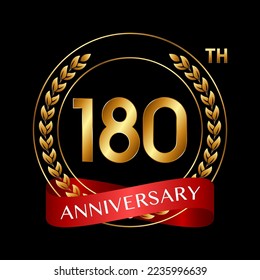 180th Anniversary. Anniversary Logo Design with Laurel Wreath and Red Ribbon for Celebration Event, Wedding, Invitation, Greeting Card. Logo Vector Illustration