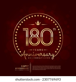 Logo del 180 aniversario con número de línea doble y texto dorado para celebración de cumpleaños, invitación, afiche de pancartas, volante y tarjeta de saludo, plantilla de vector