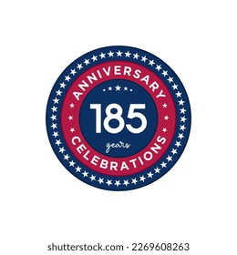 185 years anniversary. Anniversary template design, red and blue colors with stars, design for event, invitation card, greeting card, banner, poster, flyer, book cover and print. Vector Eps10