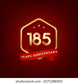 185 years anniversary. Anniversary template design with gold number and red ribbon, design for event, invitation card, greeting card, banner, poster, flyer, book cover and print. Vector Eps10