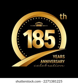 185th Anniversary Celebration Logo design with golden ring and crown for anniversary celebration event, invitation, wedding, greeting card, banner, poster, flyer, brochure. Logo Vector Template