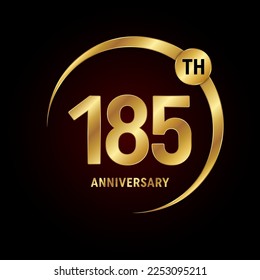 185° aniversario. Concepto de diseño del logo del aniversario con anillo de oro para celebración del aniversario, tarjeta de invitación, tarjeta de saludo, banner, afiche, volante, portada del libro. Plantilla de vectores de logotipos