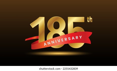 185th anniversary logo design with golden numbers and red ribbon. Logo Vector Template