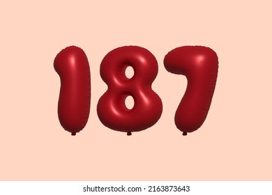 187 3d number balloon made of realistic metallic air balloon 3d rendering. 3D Red helium balloons for sale decoration Party Birthday, Celebrate anniversary, Wedding Holiday. Vector illustration