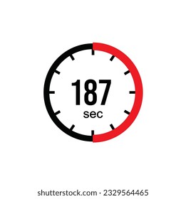 187 seconds timer clock. 187 sec stopwatch icon countdown time digital stop chronometer.