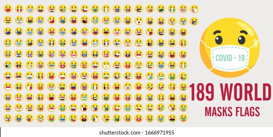 189 World Masks Flags on emoji faces to use for " Covid - 19 " " Coronavirus " spread or any other viruses 