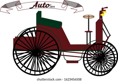 1895 retro car of red color, four-wheel with steering wheel and headlights