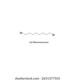 1,8-Dibromooctane skeletal structure. Halogenated alkane compound schematic illustration. Simple diagram, chemical formula.