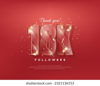 18k followers celebration. with glass figures on a red background.