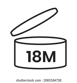 18m period after open pao icon sign flat style design vector illustration isolated on white background. 18 month pao expiration period for cosmetic packaging line art symbol.
