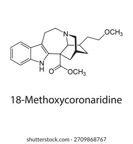 Estrutura molecular de 18-metoxicoronaridina, agente antidependência derivado de alcaloide iboga, diagrama vetorial científico limpo, fórmula química esquelética